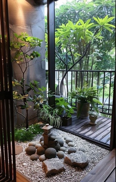 aménagement de balcon style jardin japonais avec érable en pot et pas japonais